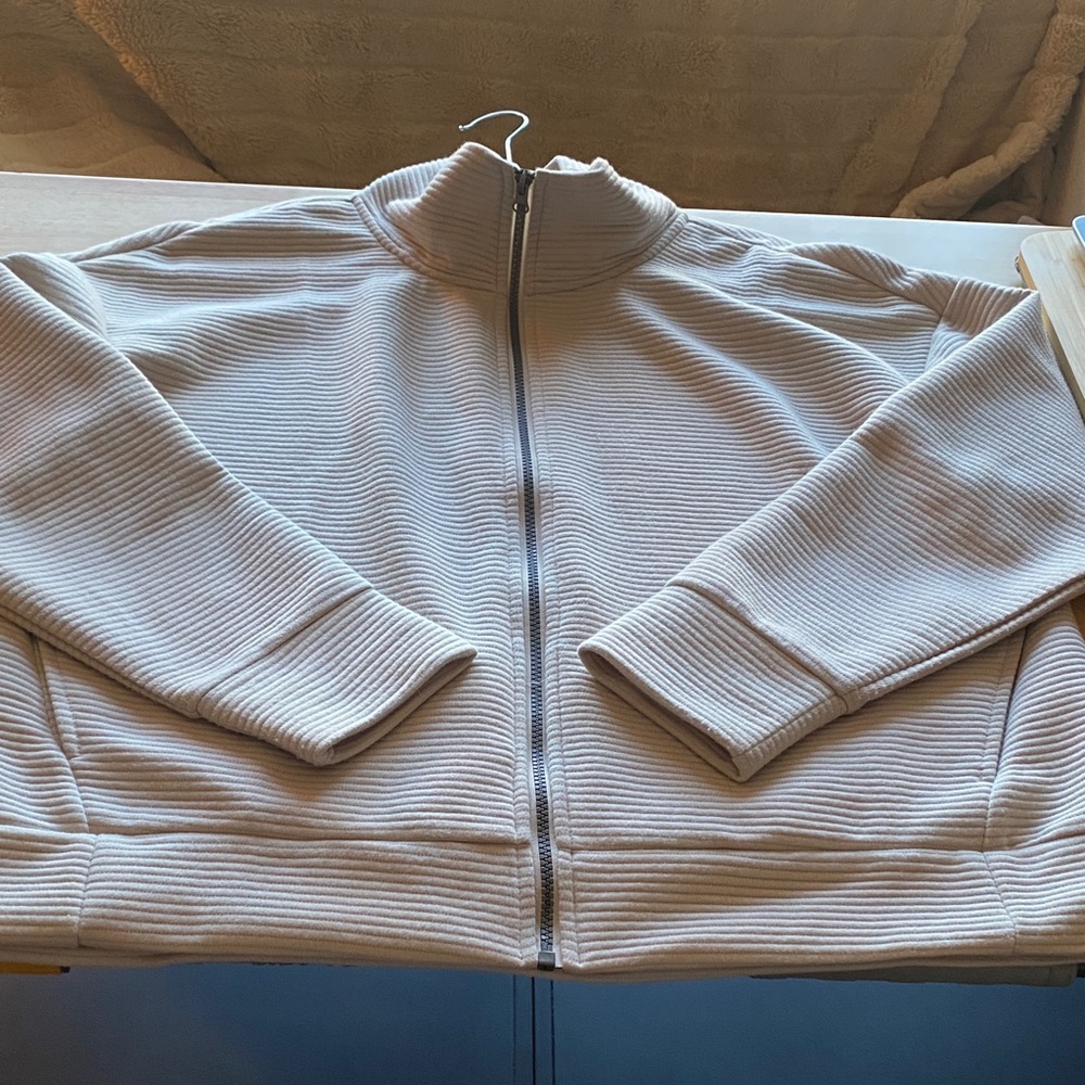 Light Gray Ribbed Zip-Up Women's Jacket Sweatshirt